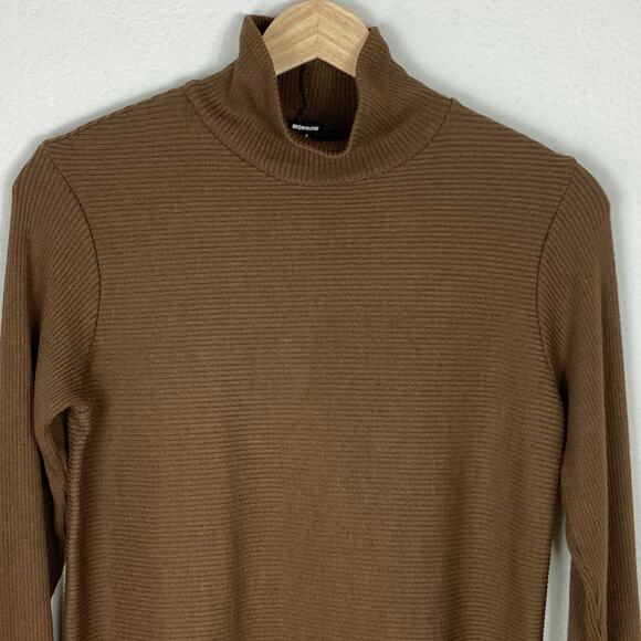 Monrow Mock Turtleneck Tunic Sweater Size S Brown Ribbed Knit Cotton Modal - Picture 4 of 9